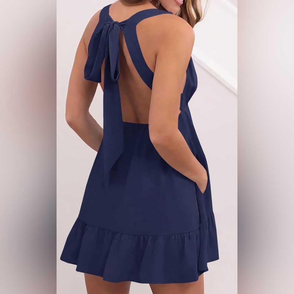 Women’s Mini Dress Navy Ruffle Deep V-Neck Backless Strapless w/Pockets XL